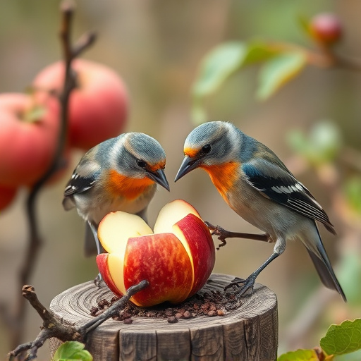 Garden birds feeding on chopped apple