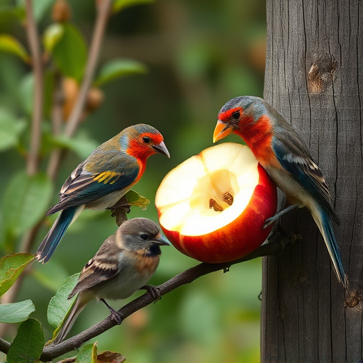 Garden birds feeding on chopped apple