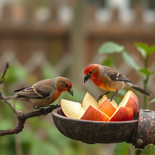 Garden birds feeding on chopped apple