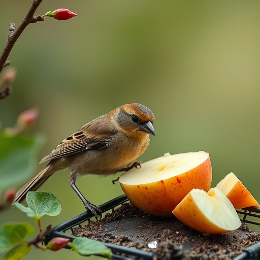 Garden birds feeding on chopped apple