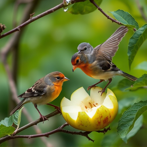 Garden birds feeding on chopped apple