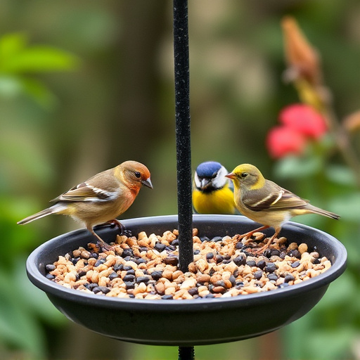 Garden birds feeding on seed tray
