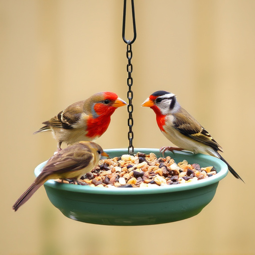 Garden birds feeding on seed tray