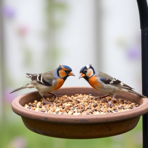 Garden birds feeding on seed tray