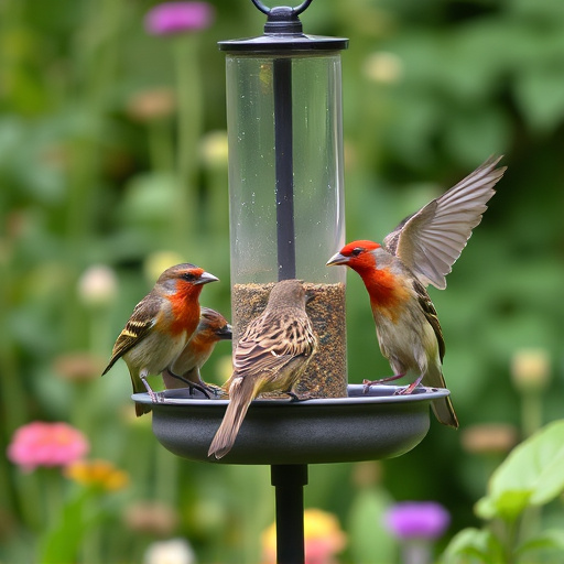 Garden birds feeding on standing feeder