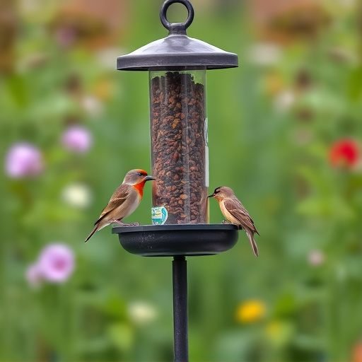 Garden birds feeding on standing feeder