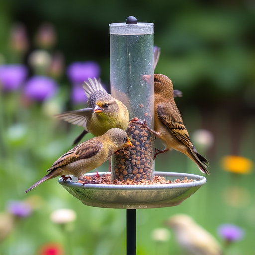 Garden birds feeding on standing feeder
