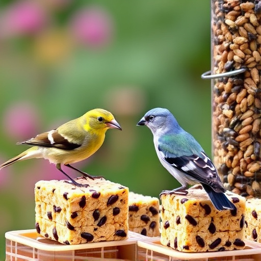Garden birds feeding on suet cubes