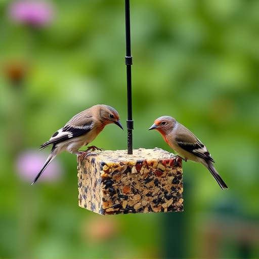 Garden birds feeding on suet cubes