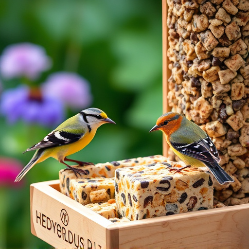 Garden birds feeding on suet cubes