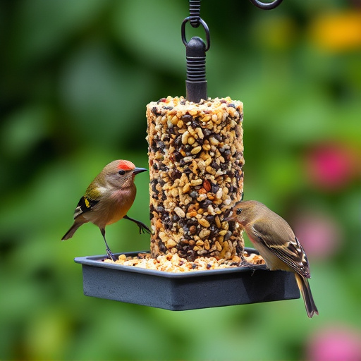 Garden birds feeding on suet cubes