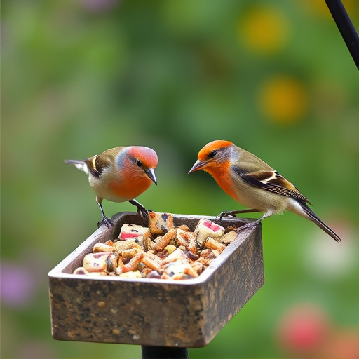 Garden birds feeding on suet cubes