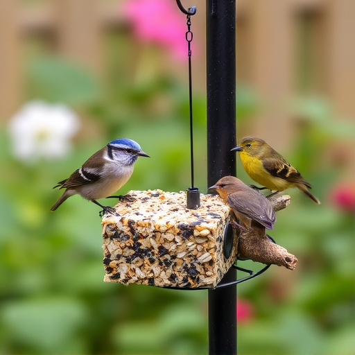 Garden birds feeding on suet cubes