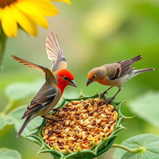 Garden birds feeding on sunflower seeds