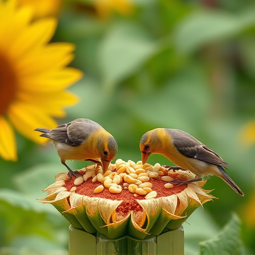 Garden birds feeding on sunflower seeds