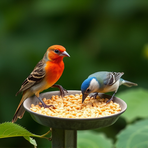 Garden birds feeding on sunflower seeds