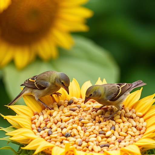 Garden birds feeding on sunflower seeds