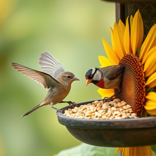 Garden birds feeding on sunflower seeds
