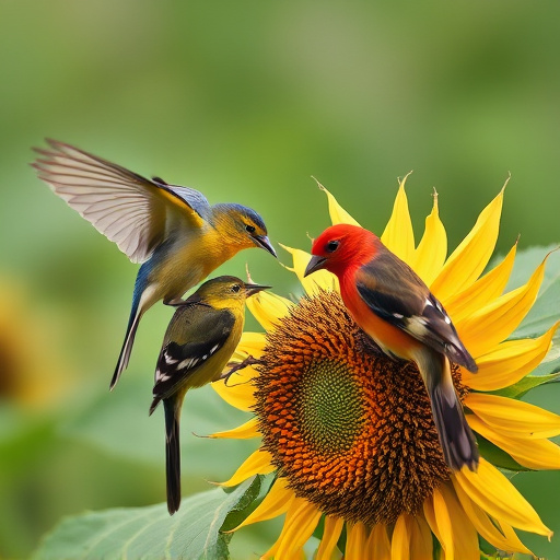 Garden birds feeding on sunflower seeds