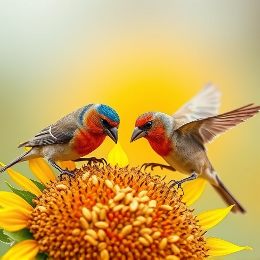 Garden birds feeding on sunflower seeds