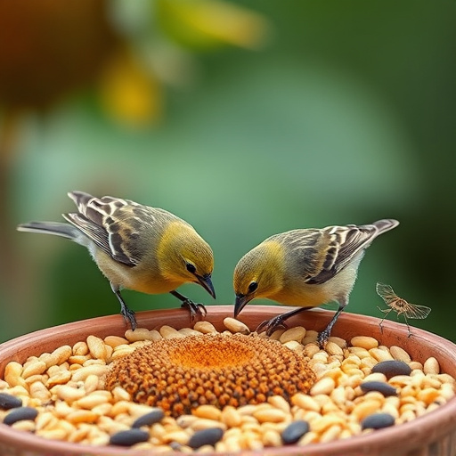 Garden birds feeding on sunflower seeds