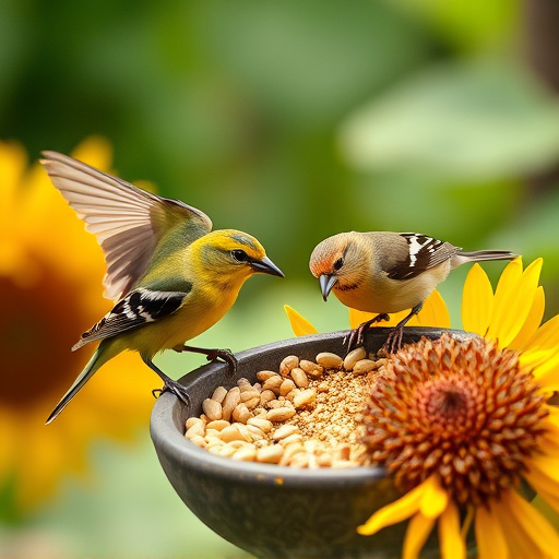 Garden birds feeding on sunflower seeds