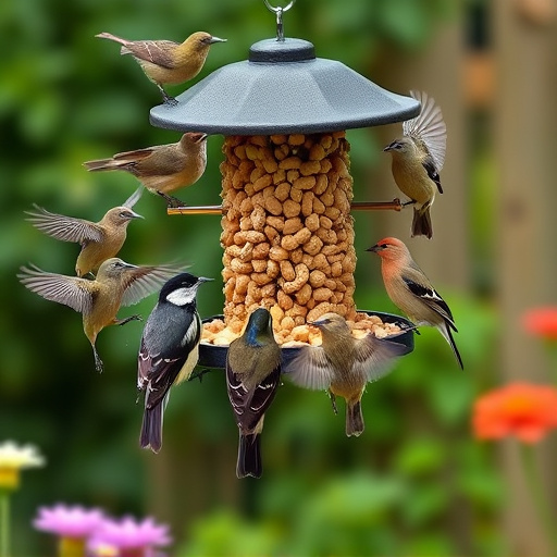 Garden birds gathered around peanut feeder