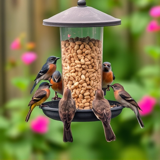 Garden birds gathered around peanut feeder