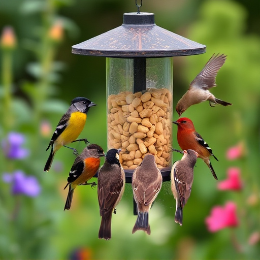 Garden birds gathered around peanut feeder