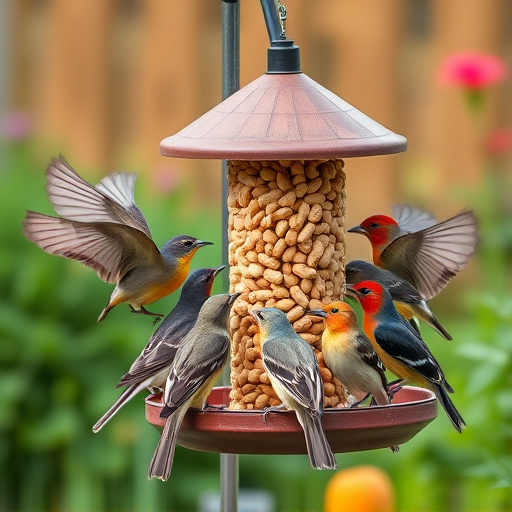 Garden birds gathered around peanut feeder