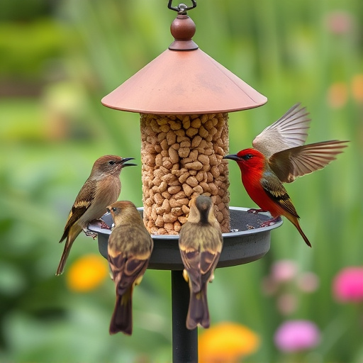 Garden birds gathered around peanut feeder