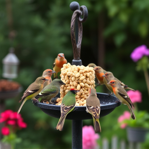 Garden birds gathered around peanut feeder