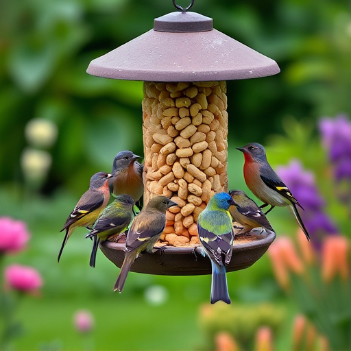 Garden birds gathered around peanut feeder