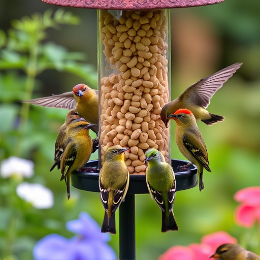 Garden birds gathered around peanut feeder
