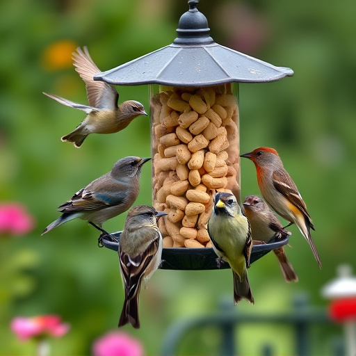 Garden birds gathered around peanut feeder