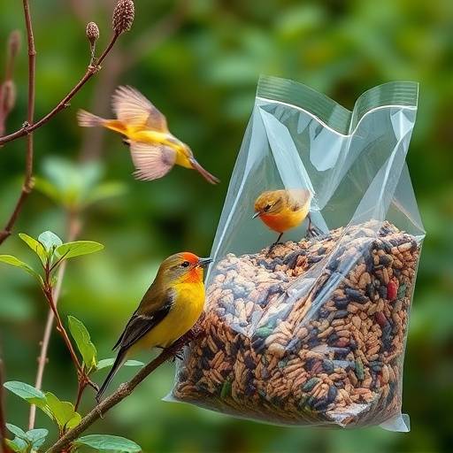 Garden birds near bulk seed bag