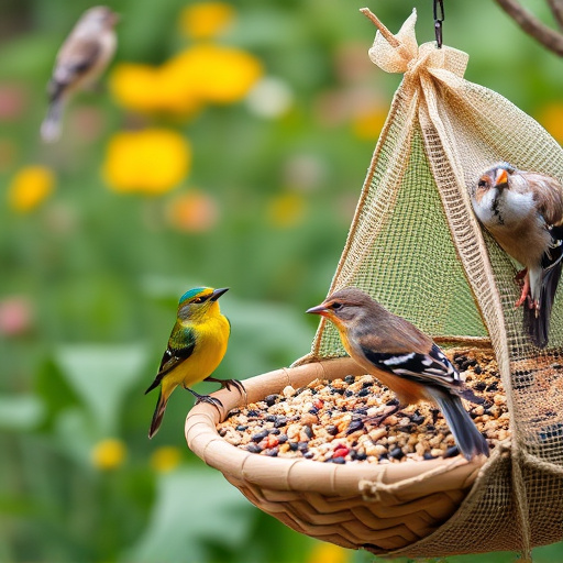 Garden birds near bulk seed bag