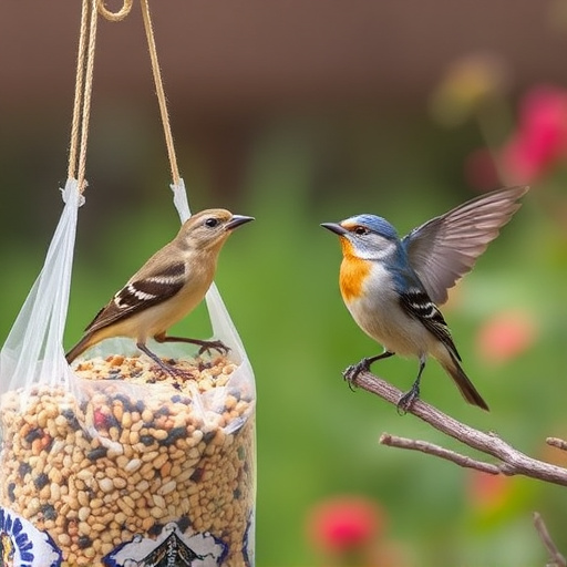 Garden birds near bulk seed bag