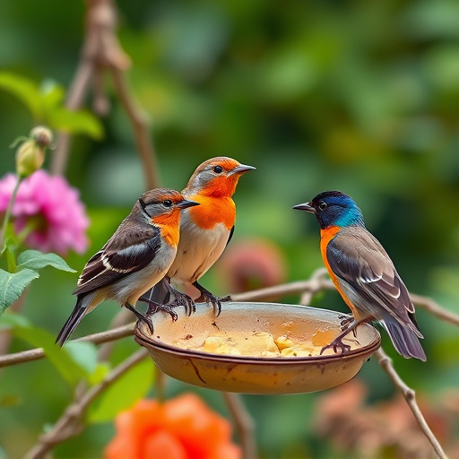Garden birds near freshly delivered food