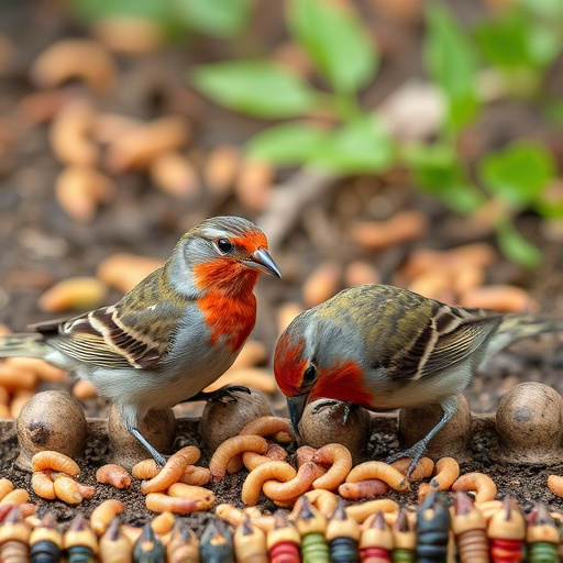 Garden birds pecking at mealworm mix