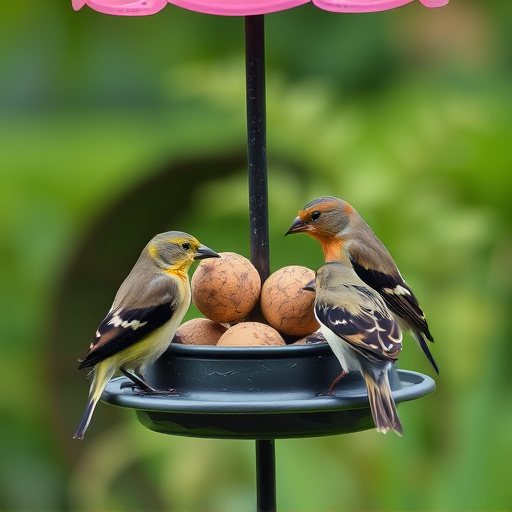 Garden birds sharing fat balls in feeder