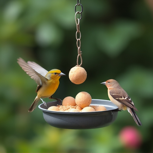 Garden birds sharing fat balls in feeder