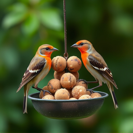 Garden birds sharing fat balls in feeder