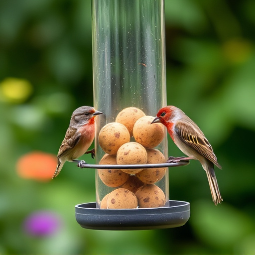 Garden birds sharing fat balls in feeder