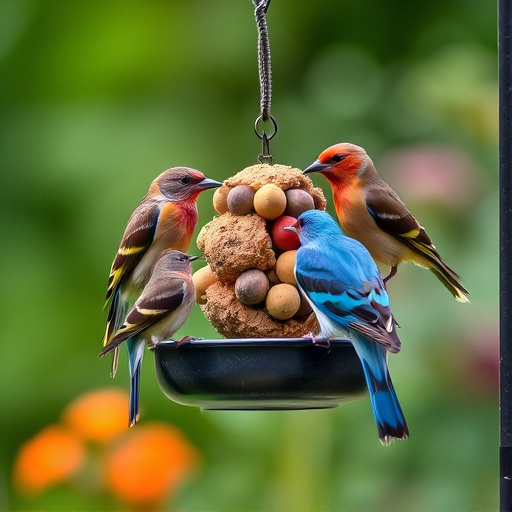 Garden birds sharing fat balls in feeder