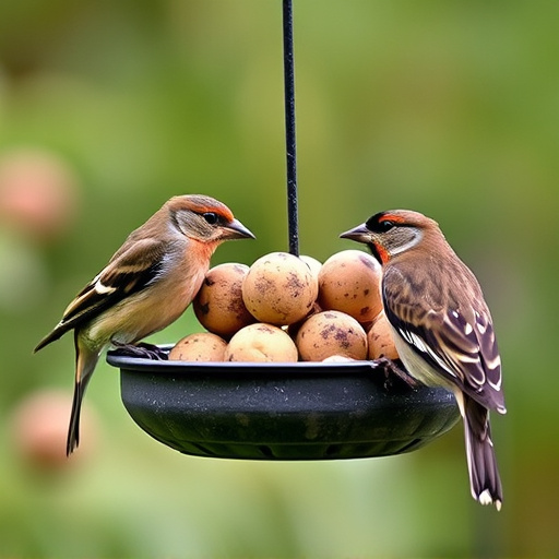Garden birds sharing fat balls in feeder