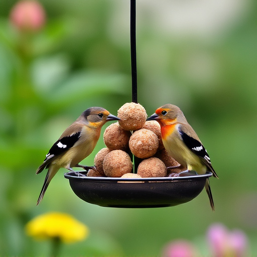 Garden birds sharing fat balls in feeder