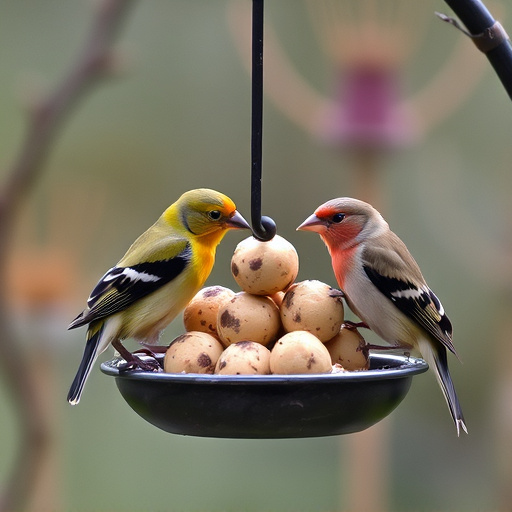 Garden birds sharing fat balls in feeder