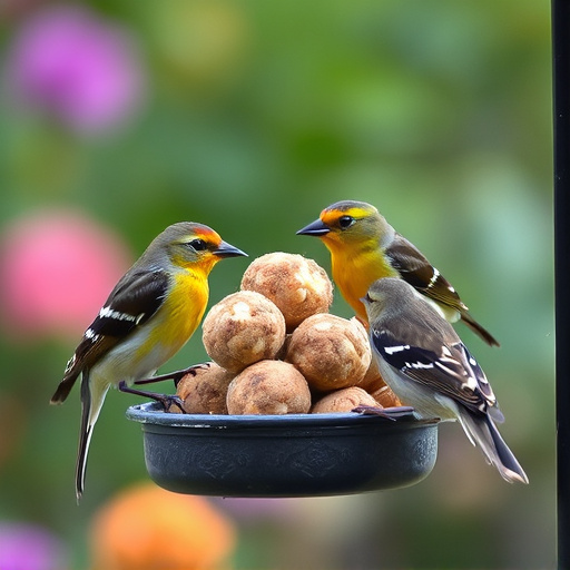 Garden birds sharing fat balls in feeder