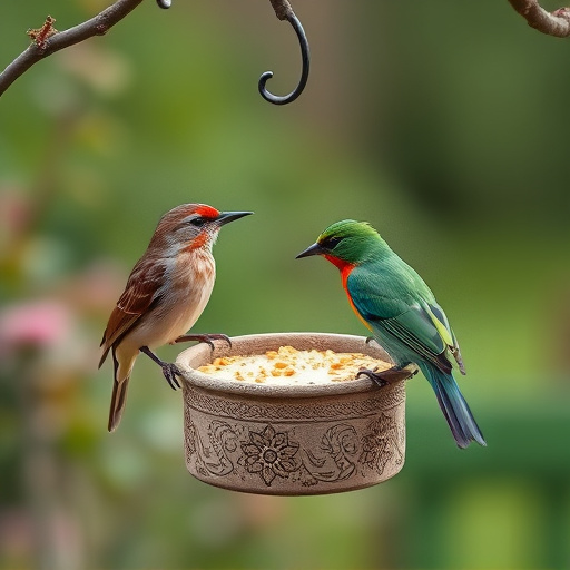 Garden birds sharing suet block holder